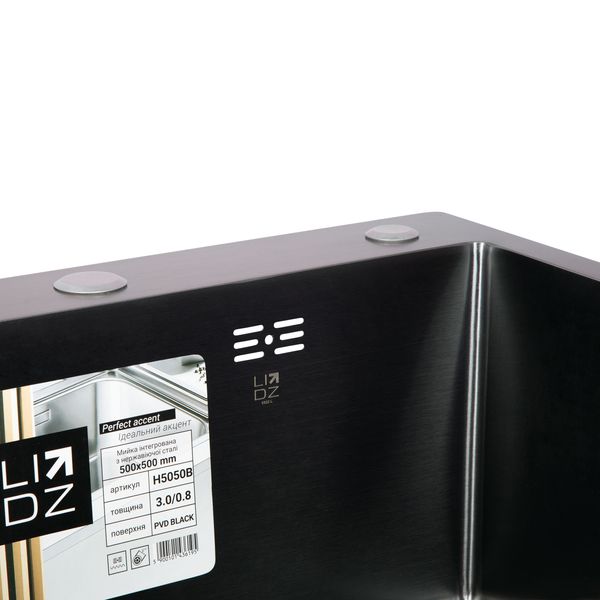 Кухонна мийка H5050B PVD інтегрована 3.0/0.8 мм Brush, 500х500/215 мм, Black Lidz LDH5050BPVD43619 фото