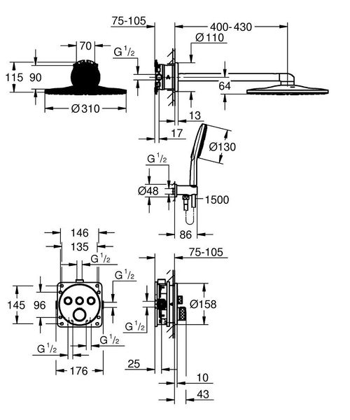 Душова система GROHE GROHTHERM SMARTCONTROL 310 / на 3 виходи / термостат / хром (34863000) 34863000 фото