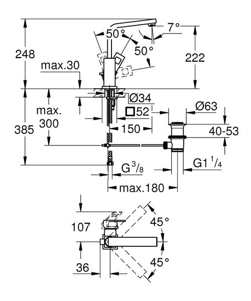 Змішувач для умивальника одноважільний GROHE Eurocube хром латунь з донним клапаном 2313500E 2313500E фото