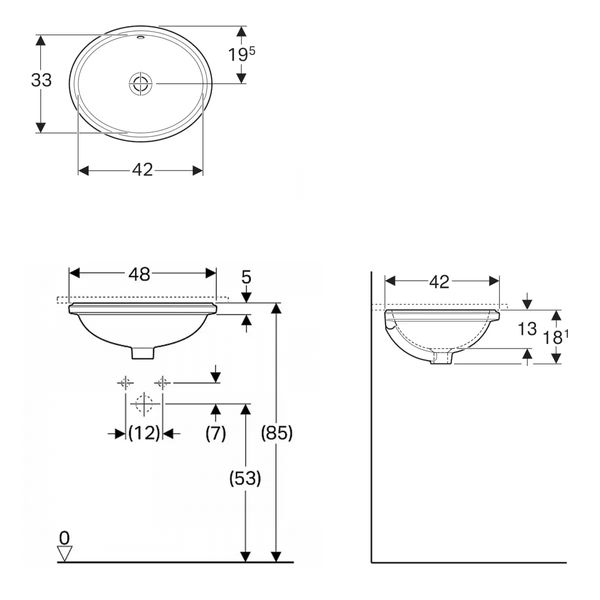 Раковина врізна для ванної під стільницю 480мм x 420мм GEBERIT VariForm білий овальна 500.749.01.2 500.749.01.2 фото
