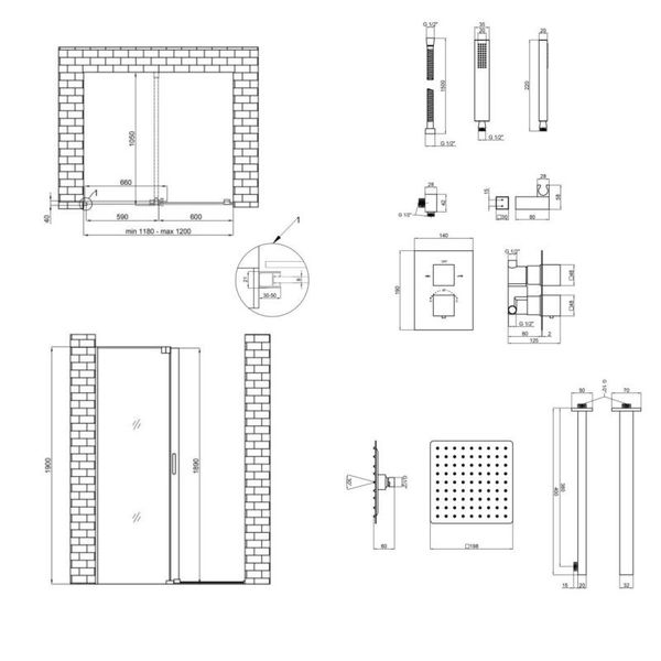 Готовое решение Qtap 14: Стена Walk-In GLIDE, 120x190 + Душ. набор скрытого монтажа с термостатом SD00050979 фото