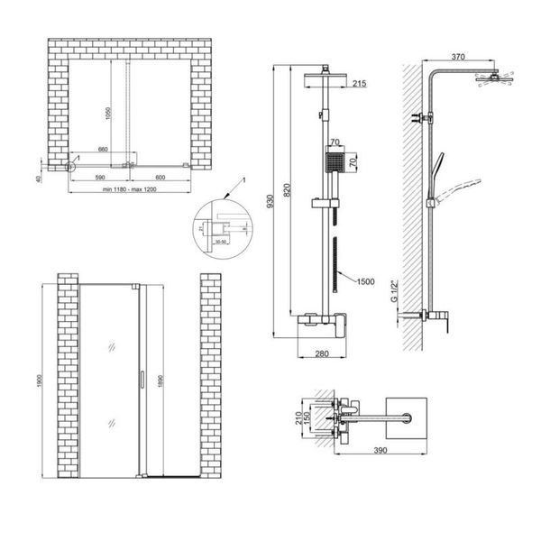 Готове рішення Qtap 13: Стіна Walk-In GLIDE, 120x190 + Душ. система SD00050978 фото