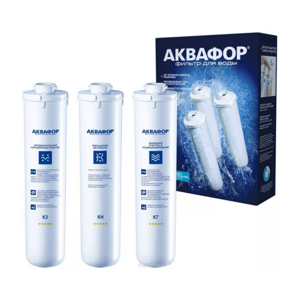 Комплект картриджів Аквафор К3-KH-K7 жорстка вода для потрійного фільтра Аквафор Кристал Комплект картриджів Аквафор К3-KH-K7 жорстка вода для потрійного фільтра Аквафор Кристал