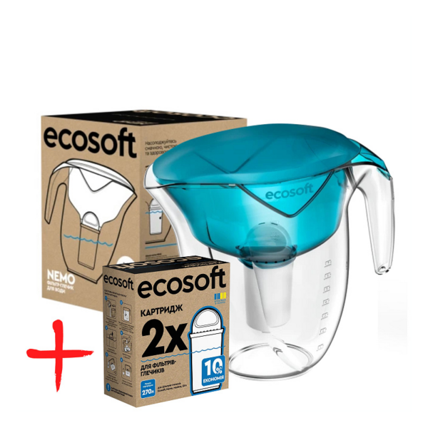 Фільтр глечик Ecosoft Nemo зелений з картриджем + комплект (2 шт) картриджів покращених Фільтр глечик Ecosoft Nemo зелений з картриджем + комплект (2 шт) картриджів покращених