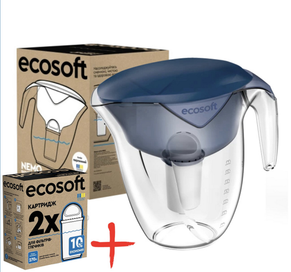 Фільтр глечик Ecosoft Nemo синій з картриджем + комплект (2 шт) картриджів покращених Фільтр глечик Ecosoft Nemo синій з картриджем + комплект (2 шт) картриджів покращених