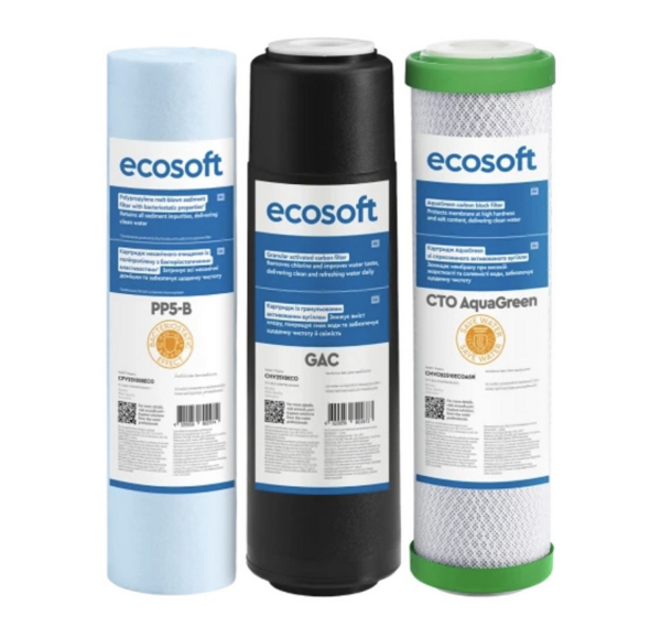 Покращений комплект картриджів Ecosoft 1-2-3 для фільтрів зворотного осмосу з функцією економії води Покращений комплект картриджів Ecosoft 1-2-3 для фільтрів зворотного осмосу з функцією економії води
