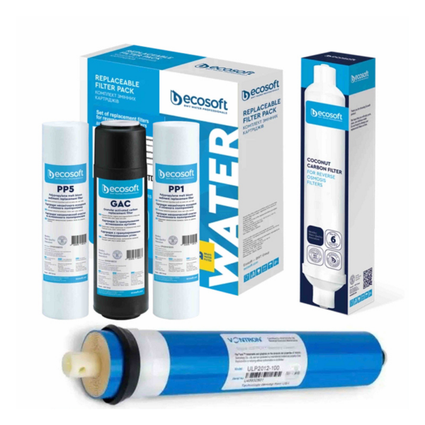 Комплект картриджів Ecosoft 5 (PP5-GAC-PP1, постфільтр, мембрана Vontron 100g) Комплект картриджів Ecosoft 5 (PP5-GAC-PP1, постфільтр, мембрана Vontron 100g)