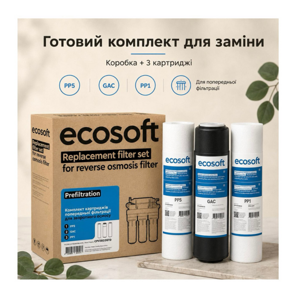 Комплект картриджів Ecosoft 5 (PP5-GAC-PP1, постфільтр, мембрана Vontron 75g)
