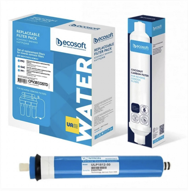 Комплект картриджів Ecosoft (PP5-GAC-PP1 + Постфільтр + Мембрана Vontron)