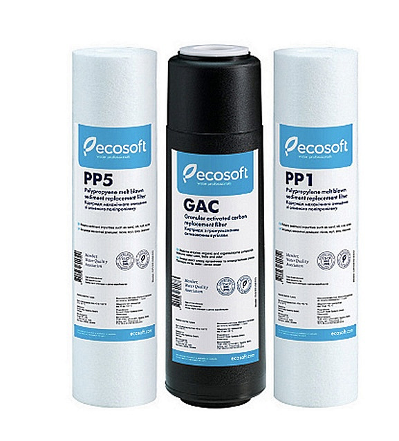 Комплект картриджів Ecosoft (PP5-GAC-PP1 + Постфільтр + Мембрана Vontron)