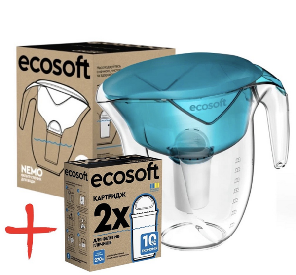 Фільтр глечик Ecosoft Nemo зелений з картриджем + комплект (2 шт) картриджів покращених Фільтр глечик Ecosoft Nemo зелений з картриджем + комплект (2 шт) картриджів покращених