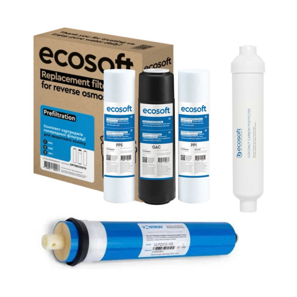 Комплект картриджів Ecosoft 5 (PP5-GAC-PP1, постфільтр, мембрана Vontron 100g) Комплект картриджів Ecosoft 5 (PP5-GAC-PP1, постфільтр, мембрана Vontron 100g)