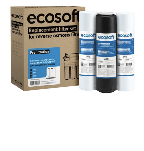 Комплект картриджів Ecosoft 5 (PP5-GAC-PP1, постфільтр, мембрана Vontron 50g) Комплект картриджів Ecosoft 5 (PP5-GAC-PP1, постфільтр, мембрана Vontron 50g)