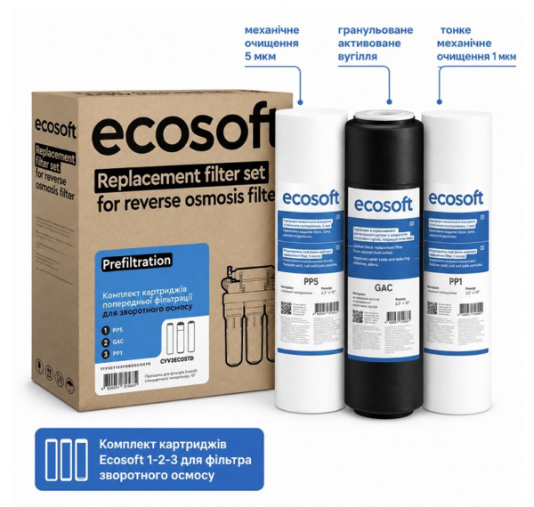 Комплекти картриджів Ecosoft CPV3ECO (3 шт) PP5-GAC-PP1 (Х3) Комплекти картриджів Ecosoft CPV3ECO (3 шт) PP5-GAC-PP1 (Х3)