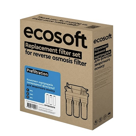 Комплект картриджів Ecosoft 6 (PP5-GAC-PP1, постфільтр, мінералізатор, мембрана Vontron 100g) Комплект картриджів Ecosoft 6 (PP5-GAC-PP1, постфільтр, мінералізатор, мембрана Vontron 100g)