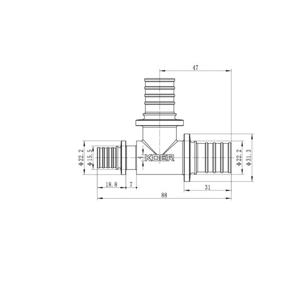 Трійник перехідний Koer KA.T25-25-16 - 25(3.5mm) x 25(3.5mm) x 16(2.2mm)