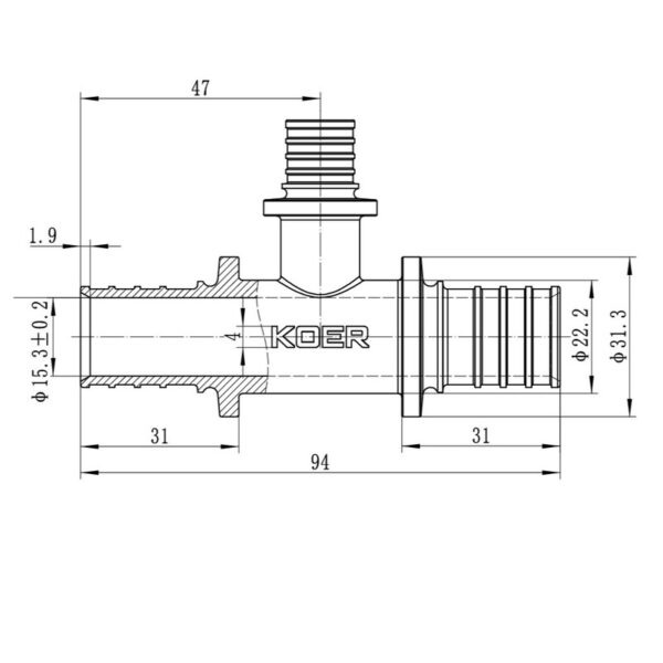 Трійник перехідний Koer KA.T25-16-25 - 25(3.5mm) x 16(2.2mm) x 25(3.5mm)