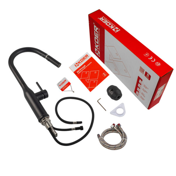 Змішувач для кухні з висувним виливом KOER KI-70004-05 з нержавіючої сталі SUS304 (Колір чорний) Змішувач для кухні з висувним виливом KOER KI-70004-05 з нержавіючої сталі SUS304 (Колір чорний)