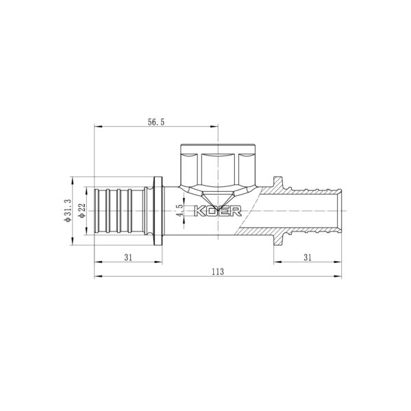 Трійник перехідний з ВР Koer KA.T25-08F-25 - 25(3.5mm) x 3/4"F x 25(3.5mm)