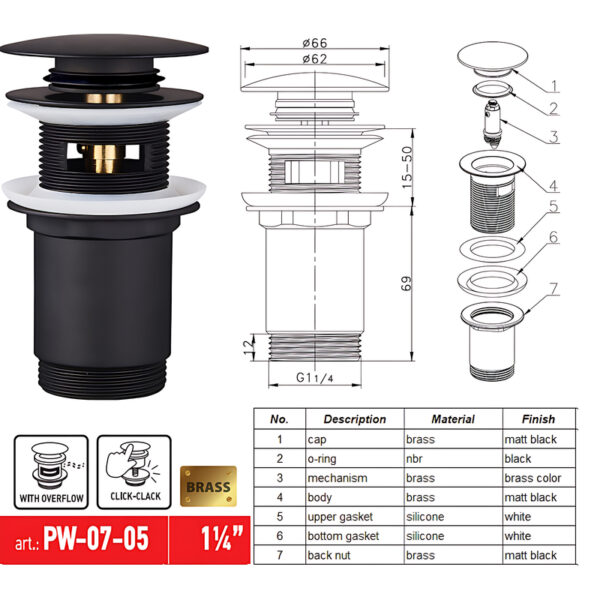 Донний клапан для раковини з переливом KOER PW-07-05 автоматичний (Click-Clack) (Колір чорний) 1 1/4'' Донний клапан для раковини з переливом KOER PW-07-05 автоматичний (Click-Clack) (Колір чорний) 1 1/4''