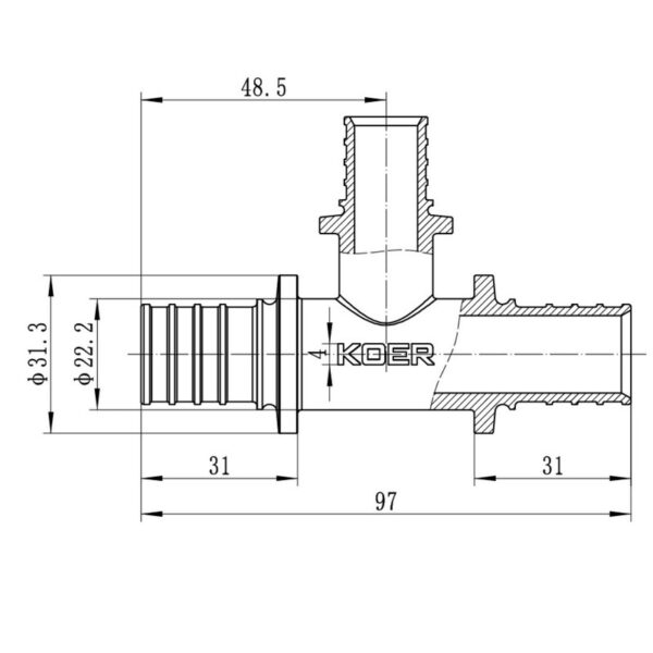 Трійник перехідний Koer KA.T25-20-25 - 25(3.5mm) x 20(2.8mm) x 25(3.5mm)