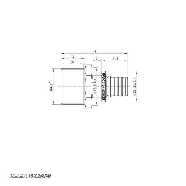 Перехідник з ЗР Koer KA.A08M-16 - 16(2.2mm) x 3/4"M Перехідник з ЗР Koer KA.A08M-16 - 16(2.2mm) x 3/4"M