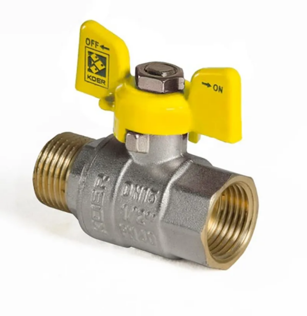 Кран кульовий KOER KR.218.G - 1/2" FM ГШМ YELLOW, ручка "метелик" жовта Кран кульовий KOER KR.218.G - 1/2" FM ГШМ YELLOW, ручка "метелик" жовта