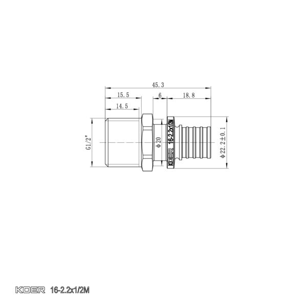 Перехідник з ЗР Koer KA.A06M-16 - 16(2.2mm) x 1/2"M Перехідник з ЗР Koer KA.A06M-16 - 16(2.2mm) x 1/2"M