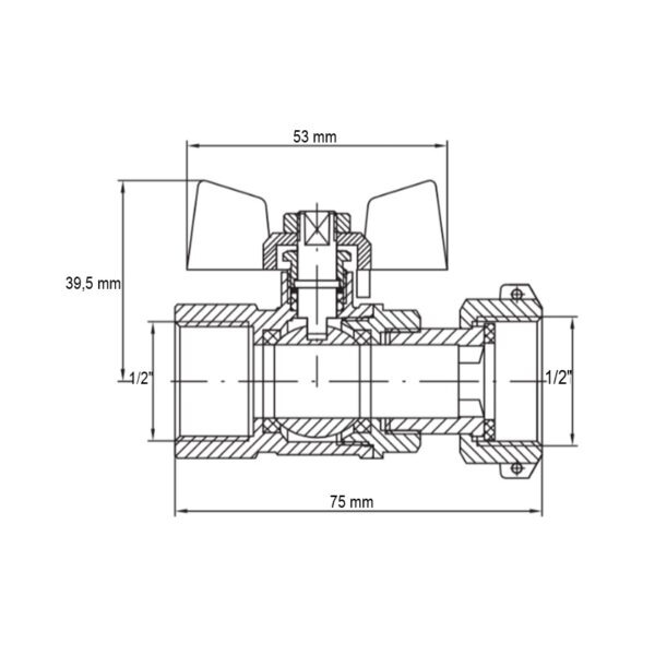 Кран кульовий Koer KR.222 - 1/2" FF ГГМ з накидною гайкою, ручка "метелик" червона Кран кульовий Koer KR.222 - 1/2" FF ГГМ з накидною гайкою, ручка "метелик" червона