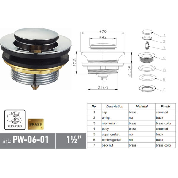 Донний клапан для ванни KOER PW-06-01 автоматичний (Click-Clack) (Колір хром) 1 1/2'' Донний клапан для ванни KOER PW-06-01 автоматичний (Click-Clack) (Колір хром) 1 1/2''