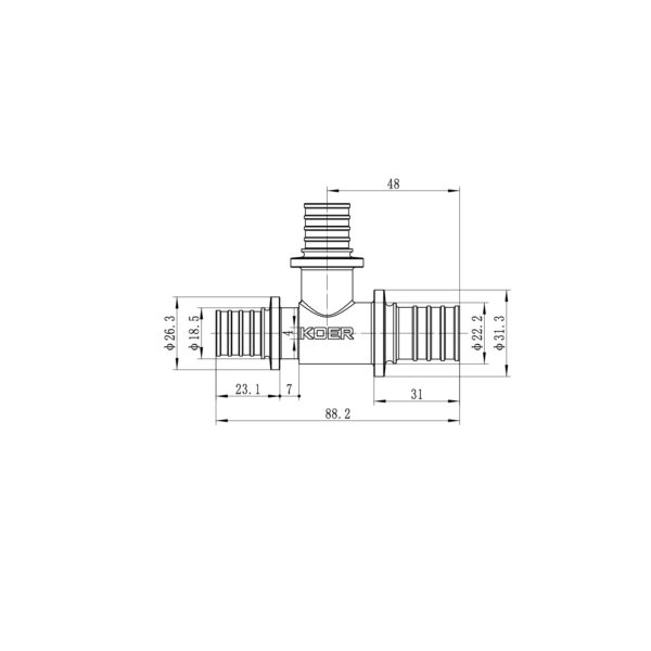 Трійник перехідний Koer KA.T25-20-20 - 25(3.5mm) x 20(2.8mm) x 20(2.8mm)