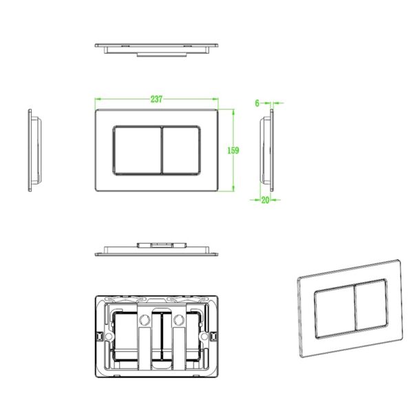 Панель змиву KOER KT-0612-12 240x160x10mm з нержавіючої сталі, кнопка квадратна (колір матове золото)