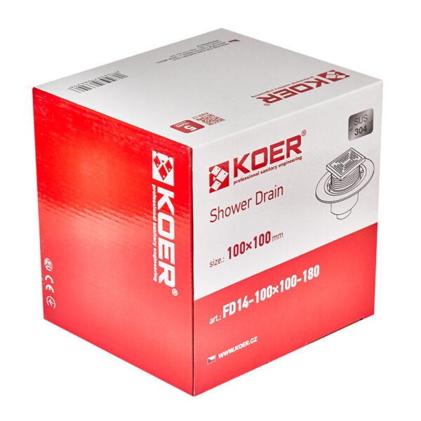Душовий трап KOER FD14-100x100-180 з нержавіючої сталі SUS304 100x100мм, прямий відвід