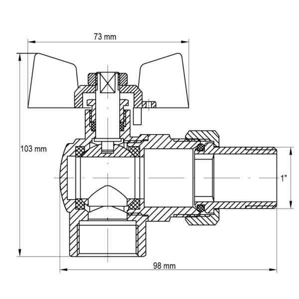 Кран з американкою 1" (Koer KR.228) кутовий Кран з американкою 1" (Koer KR.228) кутовий