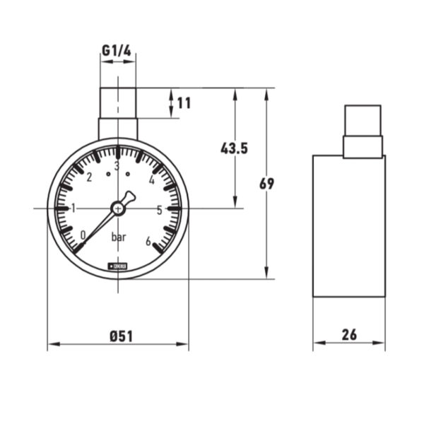 Манометр радіальний KOER KM.630R 1/4'' (D 50мм 0-6 bar, різьба зверху корпусу) Манометр радіальний KOER KM.630R 1/4'' (D 50мм 0-6 bar, різьба зверху корпусу)