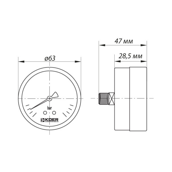 Манометр осьової KOER KM.611A D 63мм (0-6 bar) 1/4''
