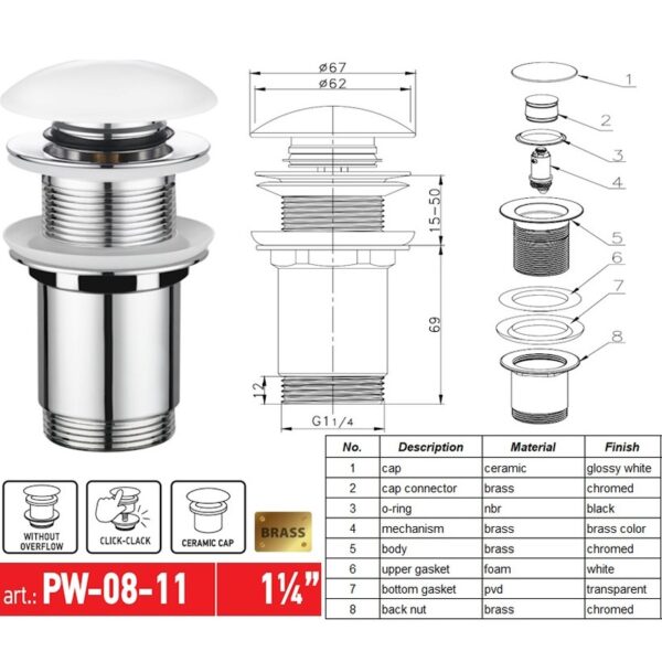 Донний клапан для раковини без переливу KOER PW-08-11 автоматичний 1 1/4'' Донний клапан для раковини без переливу KOER PW-08-11 автоматичний 1 1/4''