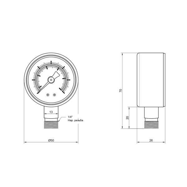 Манометр Thermo Alliance Standart 50 мм 1/4", нижнє підмикання SD1706B
