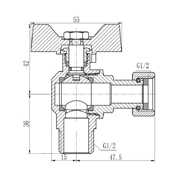 Кран кульовий з накидною гайкою SD Forte1/2" ВЗ для води кутовий SF224W15