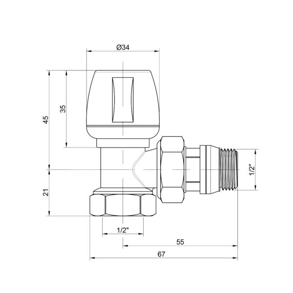 Кран радіаторний Icma 1/2" з антипротіканням кутовий №803+940 Кран радіаторний Icma 1/2" з антипротіканням кутовий №803+940