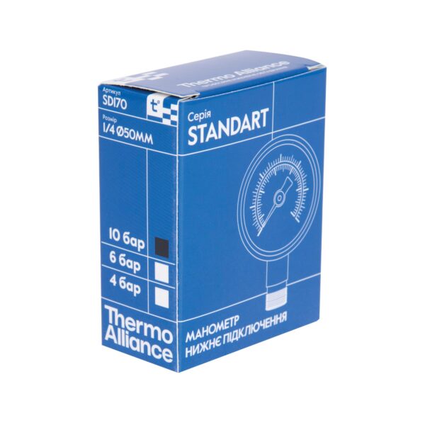Манометр Thermo Alliance Standart 10 бар 1/4", нижнє підмикання SD17010B Манометр Thermo Alliance Standart 10 бар 1/4", нижнє підмикання SD17010B