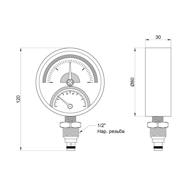 Термоманометр Thermo Alliance Standart 80 мм 1/2", нижнє підмикання SD1724B Термоманометр Thermo Alliance Standart 80 мм 1/2", нижнє підмикання SD1724B