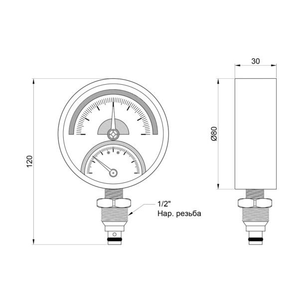 Термоманометр Thermo Alliance Standart 80 мм 1/2", нижнє підмикання SD1726B Термоманометр Thermo Alliance Standart 80 мм 1/2", нижнє підмикання SD1726B