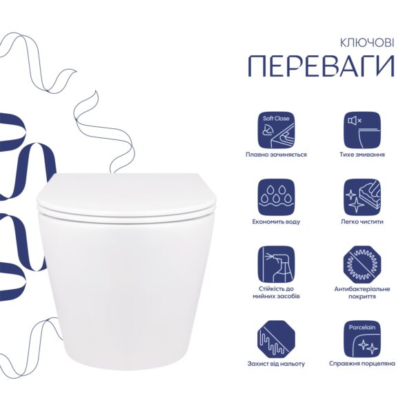 Унитаз подвесной Qtap Swan безободковый с седалием Soft-close QT16335178W Унітаз підвісний Qtap Swan безобідковий з сідінням Soft-close QT16335178W