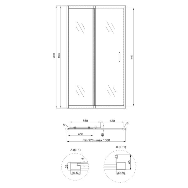 Душові двері в нішу Qtap Taurus CRM201-11.C6 97-108x200 см, скло Clear 6 мм, покриття CalcLess