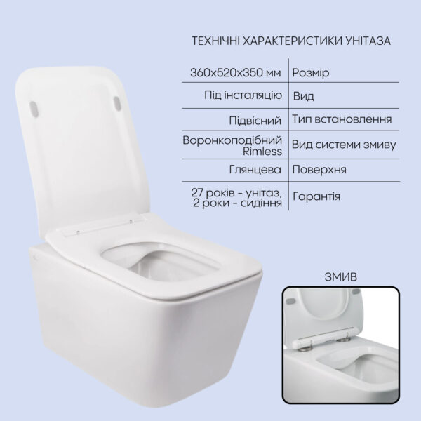 Готове рішення Qtap для ванної кімнати: підвісний унітаз Crow Rimless 520х360х290 + комплект інсталяції Nest 4 в 1 (квадратна Готове рішення Qtap для ванної кімнати: підвісний унітаз Crow Rimless 520х360х290 + комплект інсталяції Nest 4 в 1 (квадратна