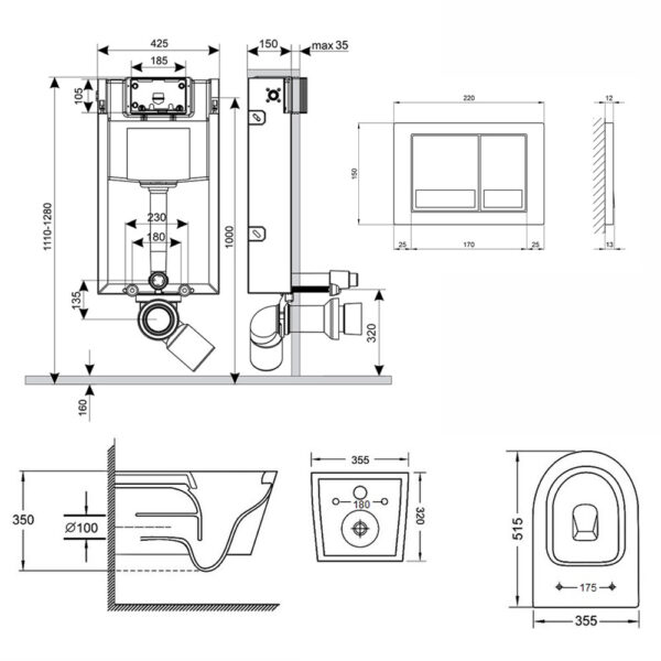 Готовое решение Qtap для ванной комнаты: подвесной унитаз Swan Rimless 520х360х320 + комплект инсталляции Nest 4 в 1 (квадратный Готове рішення Qtap для ванної кімнати: підвісний унітаз Swan Rimless 520х360х320 + комплект інсталяції Nest 4 в 1 (квадратна