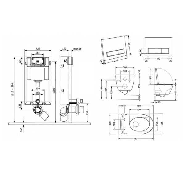 Готовое решение Qtap для ванной комнаты: подвесной унитаз Swan Rimless 520х360х320 + комплект инсталляции Nest 4 в 1 (линейная Готове рішення Qtap для ванної кімнати: підвісний унітаз Swan Rimless 520х360х320 + комплект інсталяції Nest 4 в 1 (лінійна