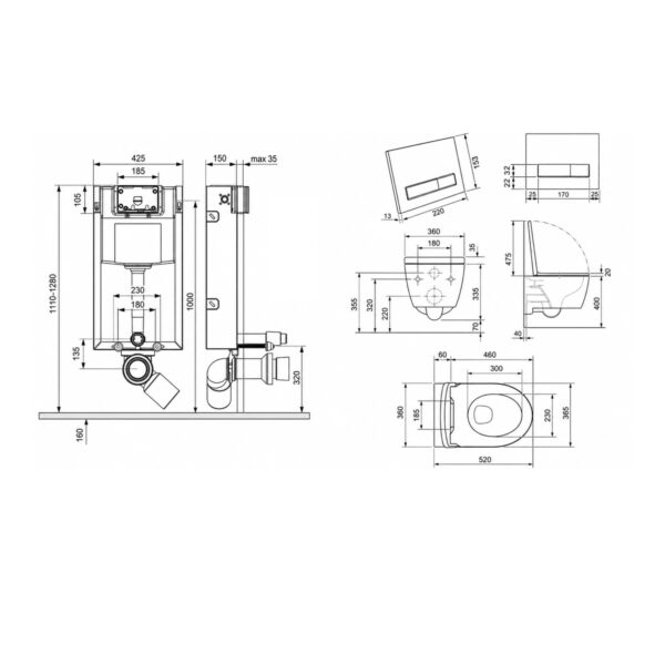 Готовое решение Qtap для ванной комнаты: подвесной унитаз Jay Rimless 520х360х320 + комплект инсталляции Nest 4 в 1 (линейная клавиша Готове рішення Qtap для ванної кімнати: підвісний унітаз Jay Rimless 520х360х320 + комплект інсталяції Nest 4 в 1 (лінійна клавіша