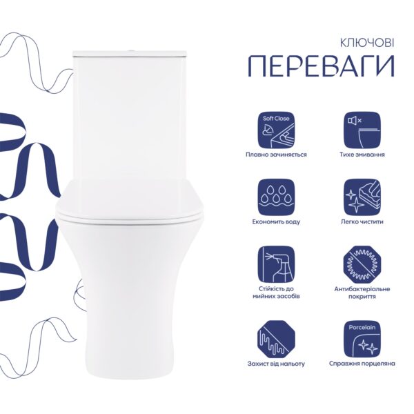 Унітаз-компакт Qtap Presto Quadro безободковий з сидінням Soft-close QT24221215AW Унітаз-компакт Qtap Presto Quadro безободковий з сидінням Soft-close QT24221215AW